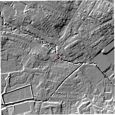 Shaded relief map of the ground around WA104RH, computed from Environment Agency LiDAR. The ground here sits at about 32 m above sea level and falls 13 m across the surrounding 800 m. Surface water reaching this point runs off ground lying to the south-east, 1.1 m higher.