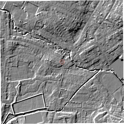 Shaded relief map of the ground around WA104RJ, computed from Environment Agency LiDAR. The ground here sits at about 32 m above sea level and falls 12 m across the surrounding 800 m. Surface water reaching this point runs off ground lying to the north-east, 11.0 m higher.