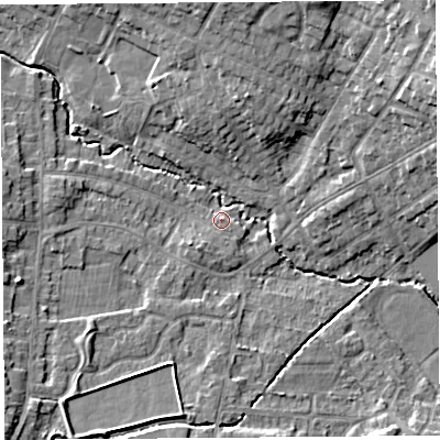 Shaded relief map of the ground around WA104RL, computed from Environment Agency LiDAR. The ground here sits at about 33 m above sea level and falls 12 m across the surrounding 800 m. Surface water reaching this point runs off ground lying to the south-south-west, 2.8 m higher.