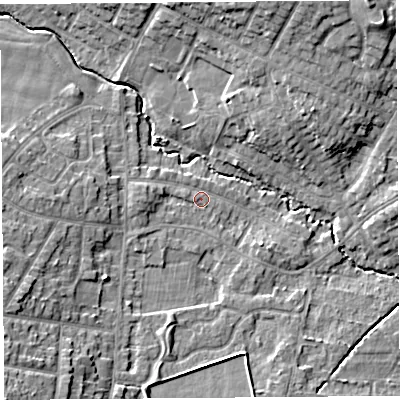 Shaded relief map of the ground around WA104RN, computed from Environment Agency LiDAR. The ground here sits at about 33 m above sea level and falls 11 m across the surrounding 800 m. Surface water reaching this point runs off ground lying to the west, 1.9 m higher.