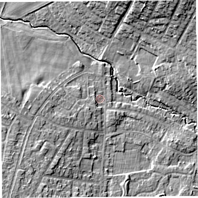 Shaded relief map of the ground around WA104RP, computed from Environment Agency LiDAR. The ground here sits at about 34 m above sea level and falls 12 m across the surrounding 800 m. Surface water reaching this point runs off ground lying to the south-west, 2.4 m higher.