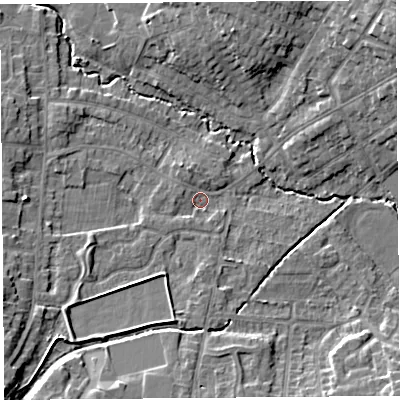 Shaded relief map of the ground around WA104RQ, computed from Environment Agency LiDAR. The ground here sits at about 32 m above sea level and falls 10 m across the surrounding 800 m. Surface water reaching this point runs off ground lying to the south-south-west, 1.3 m higher.