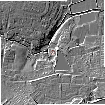 Shaded relief map of the ground around WA105EG, computed from Environment Agency LiDAR. The ground here sits at about 38 m above sea level and falls 20 m across the surrounding 800 m. Surface water reaching this point runs off ground lying to the south-east, 5.5 m higher.