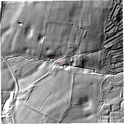 Shaded relief map of the ground around WA105QD, computed from Environment Agency LiDAR. The ground here sits at about 42 m above sea level and falls 18 m across the surrounding 800 m. Surface water reaching this point runs off ground lying to the north-north-east, 14.9 m higher.