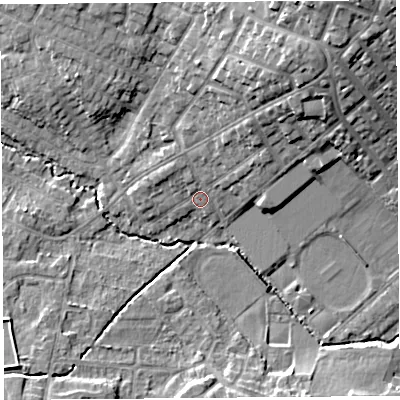 Shaded relief map of the ground around WA106AJ, computed from Environment Agency LiDAR. The ground here sits at about 33 m above sea level and falls 18 m across the surrounding 800 m. Surface water reaching this point runs off ground lying to the north-north-east, 4.7 m higher.