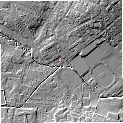 Shaded relief map of the ground around WA106AL, computed from Environment Agency LiDAR. The ground here sits at about 32 m above sea level and falls 16 m across the surrounding 800 m. Surface water reaching this point runs off ground lying to the north-east, 11.1 m higher.
