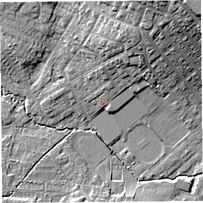 Shaded relief map of the ground around WA106AN, computed from Environment Agency LiDAR. The ground here sits at about 34 m above sea level and falls 21 m across the surrounding 800 m. Surface water reaching this point runs off ground lying to the north-north-east, 7.8 m higher.