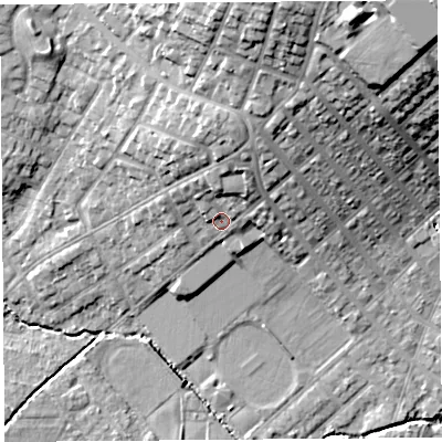 Shaded relief map of the ground around WA106AW, computed from Environment Agency LiDAR. The ground here sits at about 36 m above sea level and falls 26 m across the surrounding 800 m. Surface water reaching this point runs off ground lying to the north, 5.9 m higher.