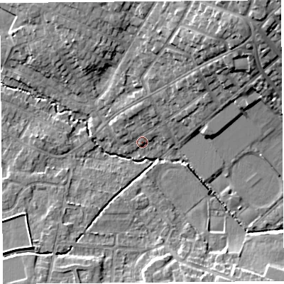 Shaded relief map of the ground around WA106AX, computed from Environment Agency LiDAR. The ground here sits at about 33 m above sea level and falls 16 m across the surrounding 800 m. Surface water reaching this point runs off ground lying to the north, 2.7 m higher.
