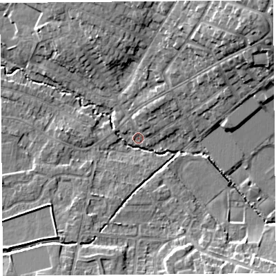 Shaded relief map of the ground around WA106AY, computed from Environment Agency LiDAR. The ground here sits at about 32 m above sea level and falls 15 m across the surrounding 800 m. Surface water reaching this point runs off ground lying to the north-north-east, 3.4 m higher.