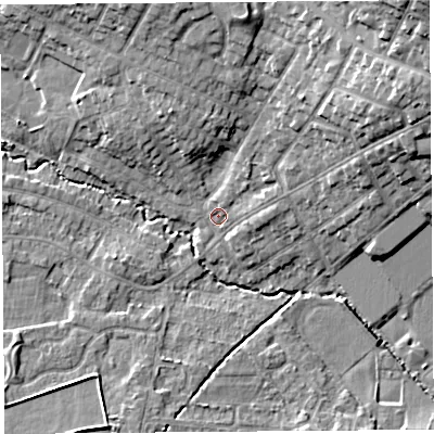 Shaded relief map of the ground around WA106BB, computed from Environment Agency LiDAR. The ground here sits at about 33 m above sea level and falls 18 m across the surrounding 800 m. Surface water reaching this point runs off ground lying to the east-north-east, 10.7 m higher.
