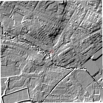 Shaded relief map of the ground around WA106BD, computed from Environment Agency LiDAR. The ground here sits at about 33 m above sea level and falls 17 m across the surrounding 800 m. Surface water reaching this point runs off ground lying to the north-east, 10.6 m higher.