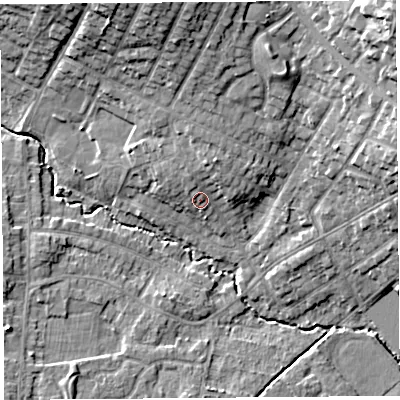 Shaded relief map of the ground around WA106BE, computed from Environment Agency LiDAR. The ground here sits at about 35 m above sea level and falls 17 m across the surrounding 800 m. Surface water reaching this point runs off ground lying to the north, 2.8 m higher.