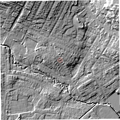 Shaded relief map of the ground around WA106BG, computed from Environment Agency LiDAR. The ground here sits at about 36 m above sea level and falls 18 m across the surrounding 800 m. Surface water reaching this point runs off ground lying to the north, 2.4 m higher.