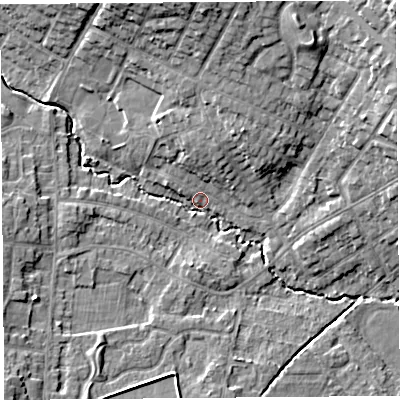 Shaded relief map of the ground around WA106BJ, computed from Environment Agency LiDAR. The ground here sits at about 33 m above sea level and falls 13 m across the surrounding 800 m. Surface water reaching this point runs off ground lying to the north, 5.7 m higher.
