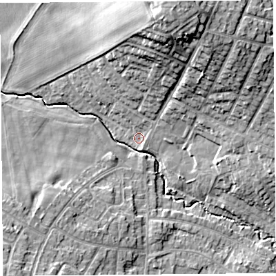 Shaded relief map of the ground around WA106DU, computed from Environment Agency LiDAR. The ground here sits at about 33 m above sea level and falls 19 m across the surrounding 800 m. Surface water reaching this point runs off ground lying to the north-north-east, 16.8 m higher.