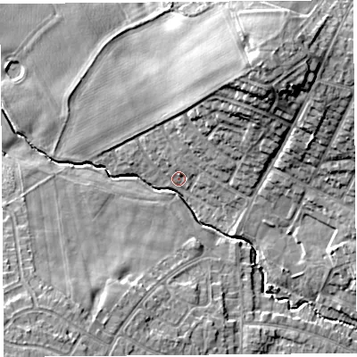 Shaded relief map of the ground around WA106DY, computed from Environment Agency LiDAR. The ground here sits at about 34 m above sea level and falls 19 m across the surrounding 800 m. Surface water reaching this point runs off ground lying to the north, 6.3 m higher.