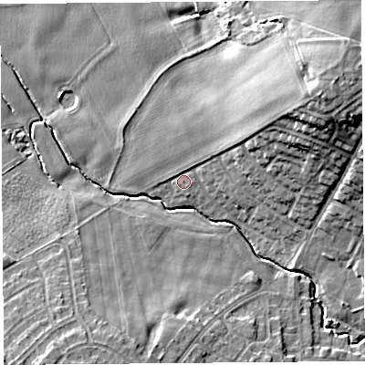 Shaded relief map of the ground around WA106DZ, computed from Environment Agency LiDAR. The ground here sits at about 34 m above sea level and falls 19 m across the surrounding 800 m. Surface water reaching this point runs off ground lying to the north-east, 2.7 m higher.