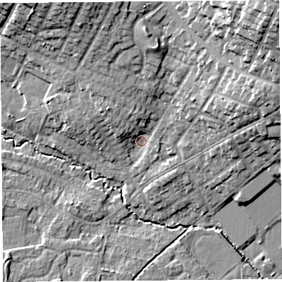 Shaded relief map of the ground around WA106EU, computed from Environment Agency LiDAR. The ground here sits at about 33 m above sea level and falls 22 m across the surrounding 800 m. Surface water reaching this point runs off ground lying to the north, 8.6 m higher.