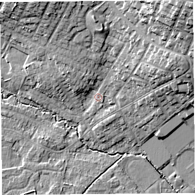 Shaded relief map of the ground around WA106EX, computed from Environment Agency LiDAR. The ground here sits at about 34 m above sea level and falls 22 m across the surrounding 800 m. Surface water reaching this point runs off ground lying to the north-north-west, 8.1 m higher.