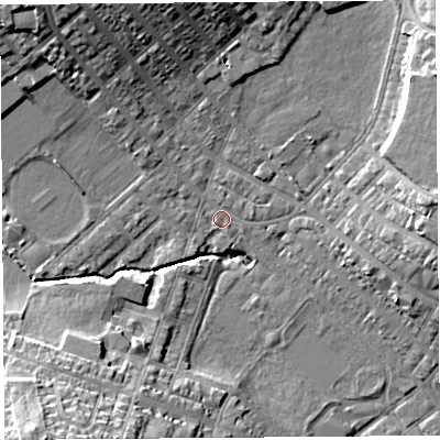 Shaded relief map of the ground around WA106RG, computed from Environment Agency LiDAR. The ground here sits at about 31 m above sea level and falls 18 m across the surrounding 800 m. Surface water reaching this point runs off ground lying to the north-west, 10.7 m higher.