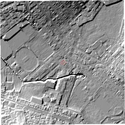 Shaded relief map of the ground around WA106RL, computed from Environment Agency LiDAR. The ground here sits at about 31 m above sea level and falls 17 m across the surrounding 800 m. Surface water reaching this point runs off ground lying to the north-north-west, 1.0 m higher.