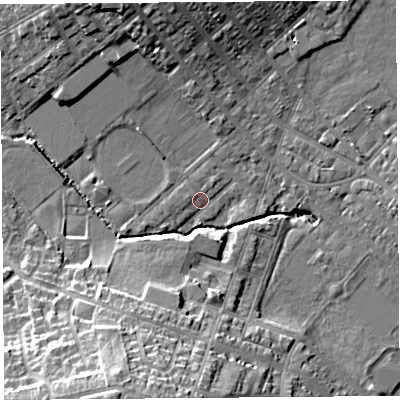 Shaded relief map of the ground around WA106RN, computed from Environment Agency LiDAR. The ground here sits at about 31 m above sea level and falls 19 m across the surrounding 800 m. Surface water reaching this point runs off ground lying to the south-south-west, 16.7 m higher.