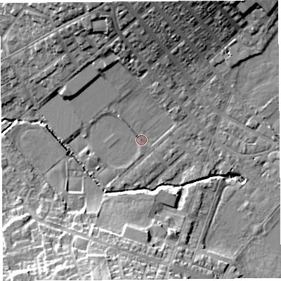 Shaded relief map of the ground around WA106RP, computed from Environment Agency LiDAR. The ground here sits at about 31 m above sea level and falls 15 m across the surrounding 800 m. Surface water reaching this point runs off ground lying to the north-north-west, 11.1 m higher.