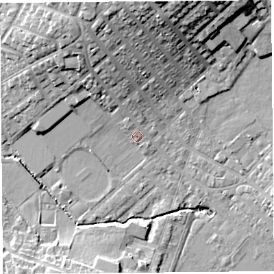 Shaded relief map of the ground around WA106RU, computed from Environment Agency LiDAR. The ground here sits at about 32 m above sea level and falls 21 m across the surrounding 800 m. Surface water reaching this point runs off ground lying to the north-north-west, 2.1 m higher.