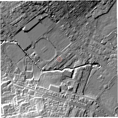 Shaded relief map of the ground around WA106RW, computed from Environment Agency LiDAR. The ground here sits at about 31 m above sea level and falls 19 m across the surrounding 800 m. Surface water reaching this point runs off ground lying to the south-south-west, 16.5 m higher.