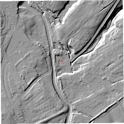 Shaded relief map of the ground around WA110AB, computed from Environment Agency LiDAR. The ground here sits at about 22 m above sea level and falls 19 m across the surrounding 800 m. Surface water reaching this point runs off ground lying to the north-east, 19.3 m higher.