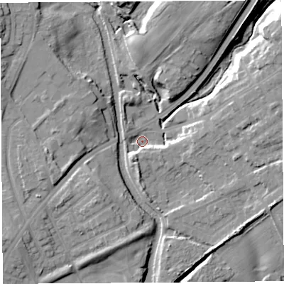 Shaded relief map of the ground around WA110AD, computed from Environment Agency LiDAR. The ground here sits at about 21 m above sea level and falls 18 m across the surrounding 800 m. Surface water reaching this point runs off ground lying to the north-north-east, 17.6 m higher.