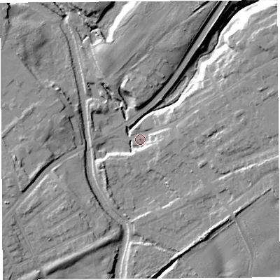 Shaded relief map of the ground around WA110AE, computed from Environment Agency LiDAR. The ground here sits at about 22 m above sea level and falls 19 m across the surrounding 800 m. Surface water reaching this point runs off ground lying to the east-north-east, 13.3 m higher.