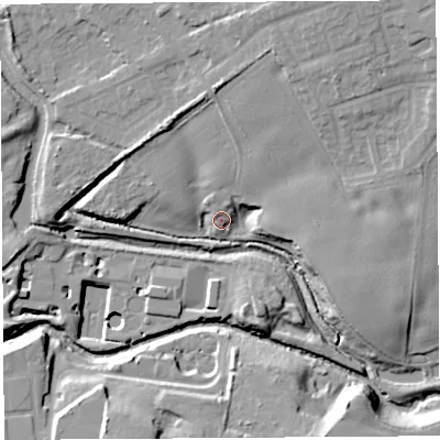Shaded relief map of the ground around WA110DQ, computed from Environment Agency LiDAR. The ground here sits at about 22 m above sea level and falls 20 m across the surrounding 800 m. Surface water reaching this point runs off ground lying to the north-north-east, 4.3 m higher.