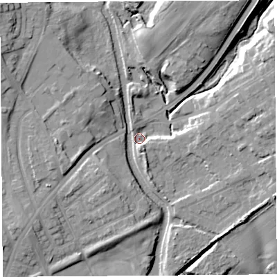 Shaded relief map of the ground around WA110UA, computed from Environment Agency LiDAR. The ground here sits at about 23 m above sea level and falls 19 m across the surrounding 800 m. Surface water reaching this point runs off ground lying to the north-east, 17.3 m higher.
