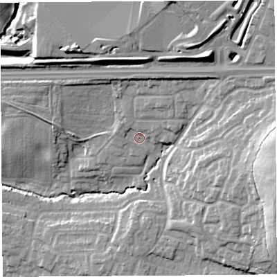Shaded relief map of the ground around WA110UY, computed from Environment Agency LiDAR. The ground here sits at about 43 m above sea level and falls 23 m across the surrounding 800 m. Surface water reaching this point runs off ground lying to the north-north-west, 1.9 m higher.