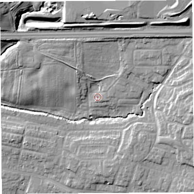Shaded relief map of the ground around WA110XA, computed from Environment Agency LiDAR. The ground here sits at about 42 m above sea level and falls 19 m across the surrounding 800 m. Surface water reaching this point runs off ground lying to the north-east, 3.8 m higher.