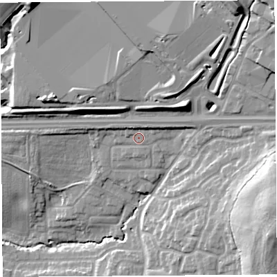 Shaded relief map of the ground around WA110XP, computed from Environment Agency LiDAR. The ground here sits at about 47 m above sea level and falls 25 m across the surrounding 800 m. Surface water reaching this point runs off ground lying to the north-west, 0.9 m higher.