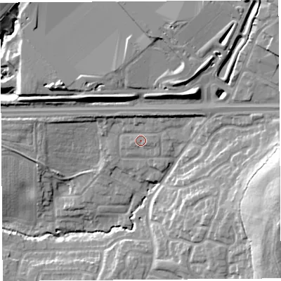 Shaded relief map of the ground around WA110XR, computed from Environment Agency LiDAR. The ground here sits at about 46 m above sea level and falls 25 m across the surrounding 800 m. Surface water reaching this point runs off ground lying to the north, 1.3 m higher.