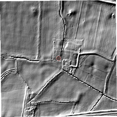 Shaded relief map of the ground around WA117HU, computed from Environment Agency LiDAR. The ground here sits at about 36 m above sea level and falls 9 m across the surrounding 800 m. Surface water reaching this point runs off ground lying to the north-west, 3.6 m higher.