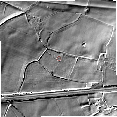 Shaded relief map of the ground around WA117PL, computed from Environment Agency LiDAR. The ground here sits at about 36 m above sea level and falls 13 m across the surrounding 800 m. Surface water reaching this point runs off ground lying to the east-south-east, 8.7 m higher.