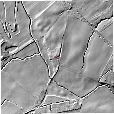 Shaded relief map of the ground around WA117RJ, computed from Environment Agency LiDAR. The ground here sits at about 31 m above sea level and falls 18 m across the surrounding 800 m. Surface water reaching this point runs off ground lying to the north-north-east, 3.2 m higher.