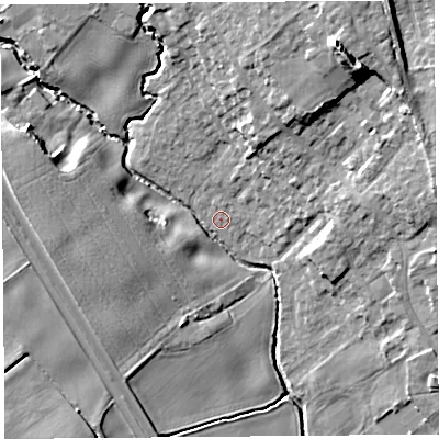 Shaded relief map of the ground around WA118DL, computed from Environment Agency LiDAR. The ground here sits at about 37 m above sea level and falls 19 m across the surrounding 800 m. Surface water reaching this point runs off ground lying to the north-north-west, 0.9 m higher.