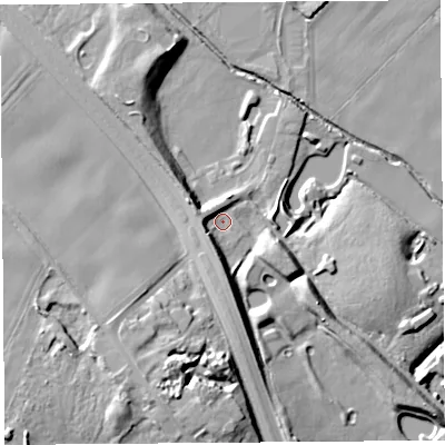 Shaded relief map of the ground around WA118LN, computed from Environment Agency LiDAR. The ground here sits at about 35 m above sea level and falls 23 m across the surrounding 800 m. Surface water reaching this point runs off ground lying to the south-south-west, 5.7 m higher.