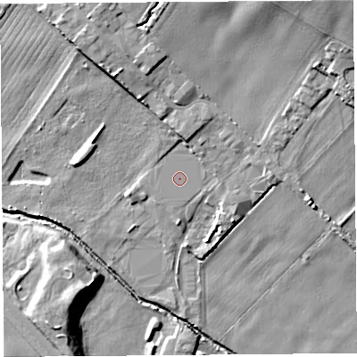 Shaded relief map of the ground around WA118LP, computed from Environment Agency LiDAR. The ground here sits at about 33 m above sea level and falls 20 m across the surrounding 800 m. The ground contributing surface water to this point lies to the south-south-west.