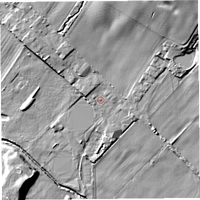 Shaded relief map of the ground around WA118LS, computed from Environment Agency LiDAR. The ground here sits at about 34 m above sea level and falls 24 m across the surrounding 800 m. Surface water reaching this point runs off ground lying to the north-north-west, 5.8 m higher.