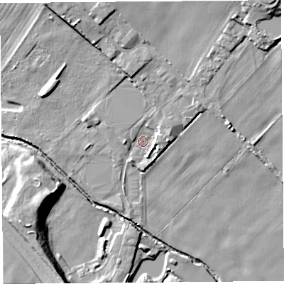 Shaded relief map of the ground around WA118LW, computed from Environment Agency LiDAR. The ground here sits at about 32 m above sea level and falls 16 m across the surrounding 800 m. Surface water reaching this point runs off ground lying to the north-east, 4.3 m higher.