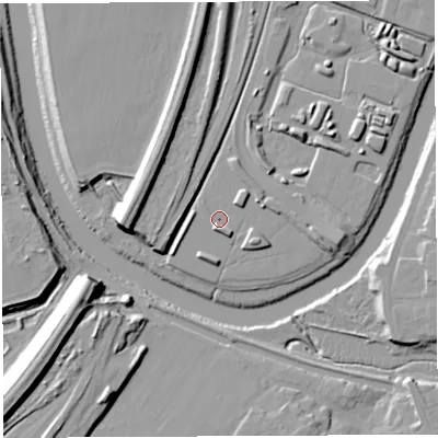 Shaded relief map of the ground around WA11AS, computed from Environment Agency LiDAR. The ground here sits at about 8 m above sea level and falls 17 m across the surrounding 800 m. Surface water reaching this point runs off ground lying to the south-south-west, 2.9 m higher.