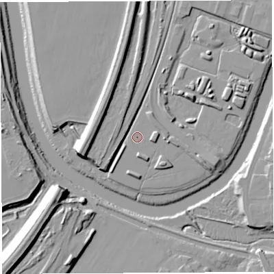 Shaded relief map of the ground around WA11AW, computed from Environment Agency LiDAR. The ground here sits at about 8 m above sea level and falls 18 m across the surrounding 800 m. Surface water reaching this point runs off ground lying to the south, 2.8 m higher.