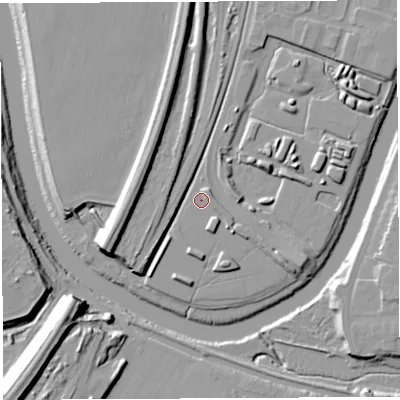 Shaded relief map of the ground around WA11BD, computed from Environment Agency LiDAR. The ground here sits at about 8 m above sea level and falls 17 m across the surrounding 800 m. Surface water reaching this point runs off ground lying to the east, 2.6 m higher.